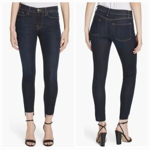 Frame Le High Mid Rise Cabana Dark Wash Stagger Hem Skinny Straight Jeans Sz 25